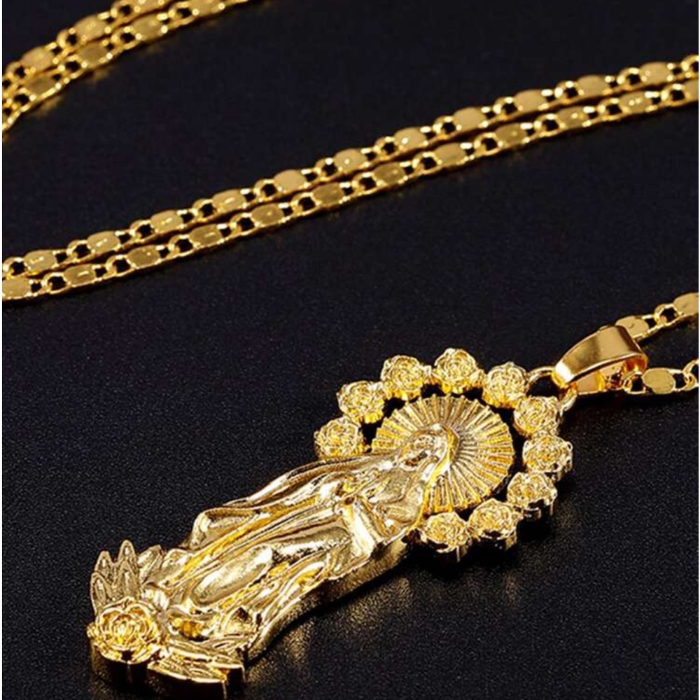 14k Gold Plated Womens Mens Link Chain And Virgin Mary Pendant Necklace 18” - Picture 3 of 16